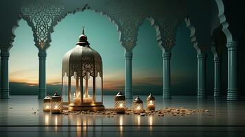 podium background in Ramadan holiday style with lantern. oriental arabic design with shades of green. ai generative photo