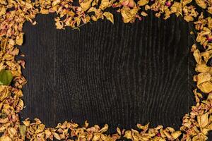 Pile of pink dried roses on black wooden background as border. photo