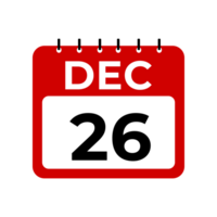 december 26 calendar reminder. 26 december daily calendar icon template. Calendar 26 december icon Design template png