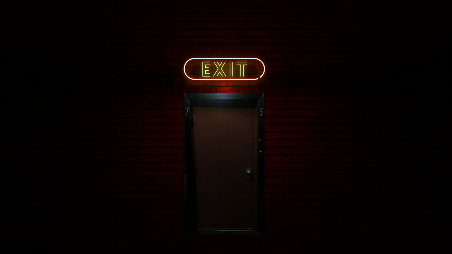 Animation of back door with exit neon light sign flickering at urban ...