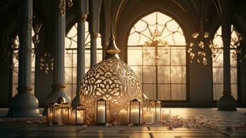 podium background in Ramadan holiday style with lantern. oriental arabic design with shades of gold. ai generative photo