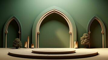 green podium with beige elements in Arabic minimalist style. Podium in the style of Ramadan, Eid Mubarak.AI generated photo