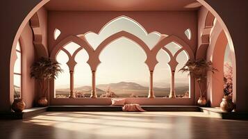background for the Islamic holiday of Ramadan in a minimalist style, with a podium, with sunlight, in light beige delicate shades and elements of nature. ai generated photo