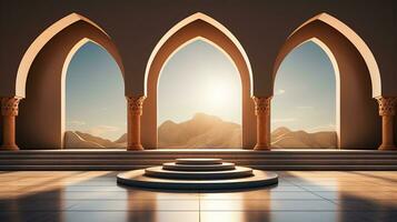 background for the Islamic holiday of Ramadan in a minimalist style, with a podium, with sunlight, in light beige delicate shades and elements of nature. ai generated photo