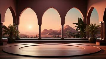 background for the Islamic holiday of Ramadan in a minimalist style, with a podium, with sunlight, in light beige delicate shades and elements of nature. ai generated photo