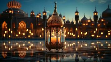 podium background in Ramadan holiday style with lantern. oriental arabic design with shades of gold. ai generative photo