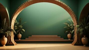 green podium with beige elements in Arabic minimalist style. Podium in the style of Ramadan, Eid Mubarak.AI generated photo