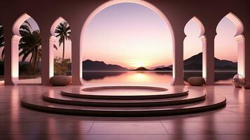 background for the Islamic holiday of Ramadan in a minimalist style, with a podium, with sunlight, in light beige delicate shades and elements of nature. ai generated photo