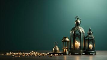 podium background in Ramadan holiday style with lantern. oriental arabic design with shades of green. ai generative photo