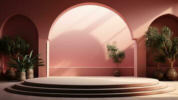 background for the Islamic holiday of Ramadan in a minimalist style, with a podium, with sunlight, in light beige delicate shades and elements of nature. ai generated photo