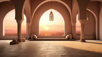 background for the Islamic holiday of Ramadan in a minimalist style, with a podium, with sunlight, in light beige delicate shades and elements of nature. ai generated photo