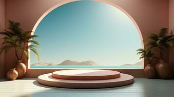 background for the Islamic holiday of Ramadan in a minimalist style, with a podium, with sunlight, in light beige delicate shades and elements of nature. ai generated photo