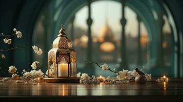 podium background in Ramadan holiday style with lantern. oriental arabic design with shades of green. ai generative photo