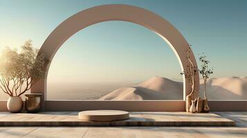 background for the Islamic holiday of Ramadan in a minimalist style, with a podium, with sunlight, in light beige delicate shades and elements of nature. ai generated photo