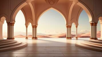 background for the Islamic holiday of Ramadan in a minimalist style, with a podium, with sunlight, in light beige delicate shades and elements of nature. ai generated photo