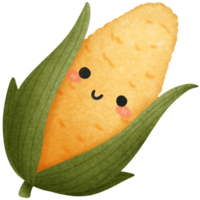 Isolated cute and happy smiling yellow corn vegetable character with leaf in transparent background png