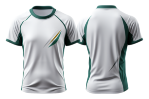 Green pattern white sports jersey mockup with front and back view isolated on transparent background, generative ai png