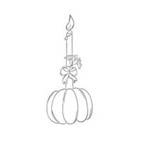 Decorative element for decorating a holiday Thanksgiving dinner. Burning candle in a pumpkin with a bow and a sprig of berries. Simple vector illustration in doodle style