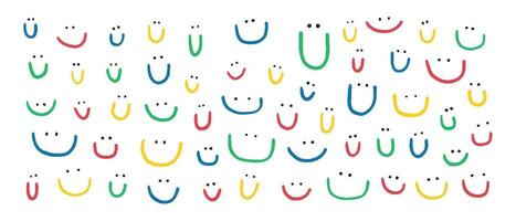 Hand drawn collection of cute smiles. Colored doodle different smiles for card, fabric, wrapping paper, notepad covers, wallpapers isolated on white background. vector