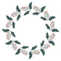 corona de navidad dibujada a mano vectorial aislada en fondo blanco. muérdago de garabato decorativo, marco redondo. hojas de acebo y bayas para el diseño de año nuevo de invierno, adornado y saludos. plantilla de navidad vector