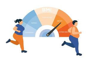 Fat coupld control body with BMI body mass index weight control  in exerciseing. Obesity, BMI, body mass index control vector illustration