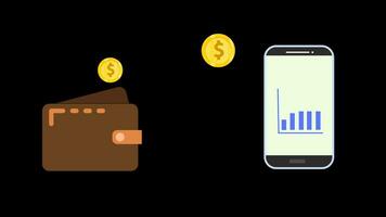 4k animação transação, dinheiro transação a partir de carteira para digital dinheiro dentro a telefone. movimento gráfico com alfa canal video