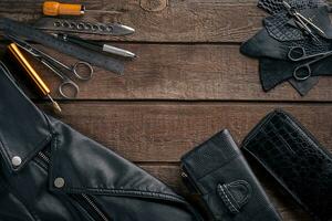 Leather crafting. Tools flat lay still life photo