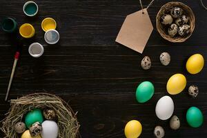 Colorful easter egg in nest on dark wood board. photo