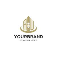 Initial RU logo with creative house icon, modern and professional real estate logo design vector