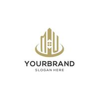 Initial MU logo with creative house icon, modern and professional real estate logo design vector