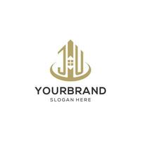 Initial JU logo with creative house icon, modern and professional real estate logo design vector