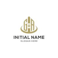 Initial GR logo with creative house icon, modern and professional real estate logo design vector