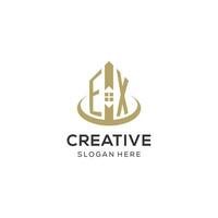 Initial EX logo with creative house icon, modern and professional real estate logo design vector