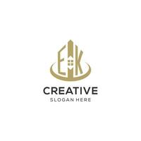 Initial EK logo with creative house icon, modern and professional real estate logo design vector