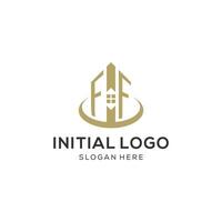 Initial FF logo with creative house icon, modern and professional real estate logo design vector