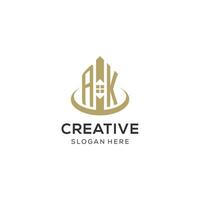 Initial AK logo with creative house icon, modern and professional real estate logo design vector