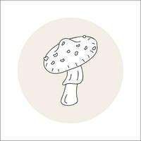 Mushroom line icon black outline in circle. Vector illustration isolated fly agaric in doodle style. Design element for theme forest mushrooms, menu, forest, ingredients, recipes, organic products