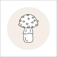 Mushroom line icon black outline in circle. Vector illustration isolated fly agaric in doodle style. Design element for theme forest mushrooms, menu, forest, ingredients, recipes, organic products