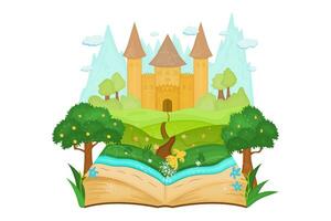 Open book with landscape fairytale castle fields, trees, river, small gold fish. Vector illustration