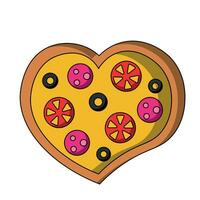 Cartoon pizza in the shape of a heart in color vector