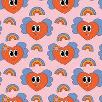 Seamless pattern with cartoon groovy Heart and rainbow vector