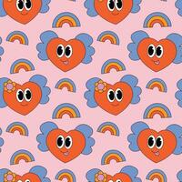 Seamless pattern with cartoon groovy Heart and rainbow vector