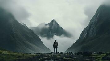 Mountain and Person Standing in the Middle. Freedom, Adventure, Loneliness, Self Awareness Concept photo