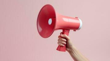 Hand Holding Megaphone Isolated on the Minimalist Background, Marketing and Sales Concept photo