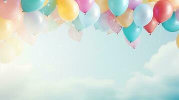 Celebration Background with Confetti and Pastel Color Balloons on the Minimalist Background for Copy Space photo