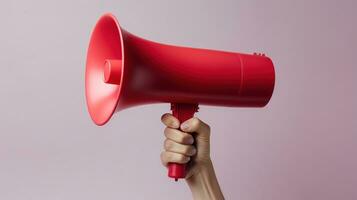 Hand Holding Megaphone Isolated on the Minimalist Background, Marketing and Sales Concept photo