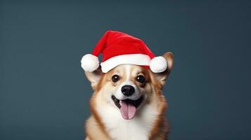 Cute White Dog with Christmas Hat Isolated on the Minimalist Background photo