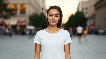 mujer posando y vistiendo blanco tee camisa Bosquejo colocación en el calle. camisa Bosquejo modelo foto