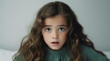 Scared Girl Looking at the Camera Isolated on the Minimalist Background photo