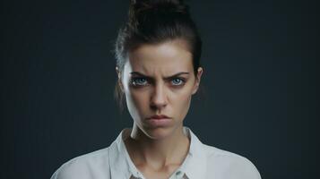 Angry Woman Looking at the Camera Isolated on the Minimalist Background photo